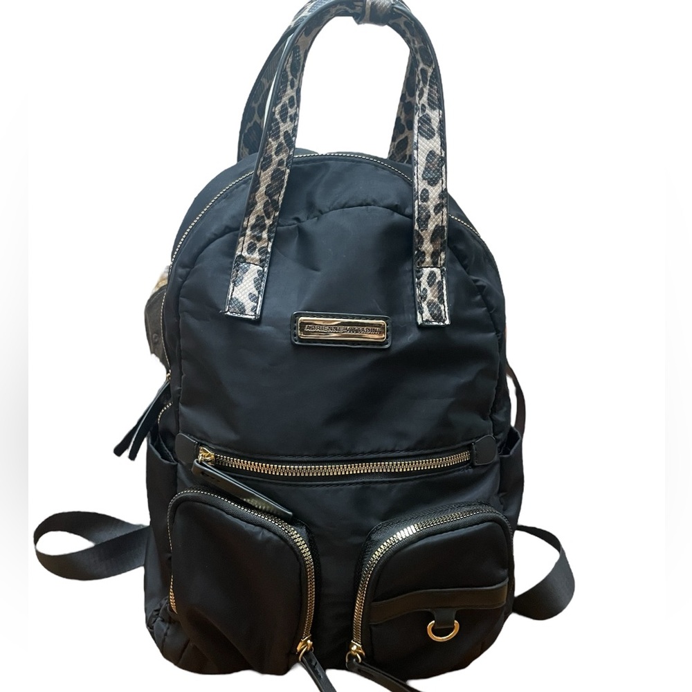 Adrienne Vittadini Top Handle Black and Leopard Print Backpack